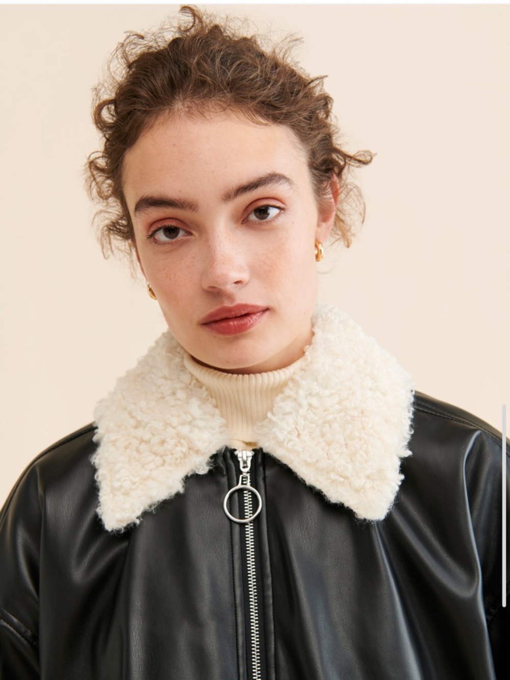 WeWoreWhat Black Faux Leather Bomber Jacket with Cream Shearling Collar - Picture 3 of 4